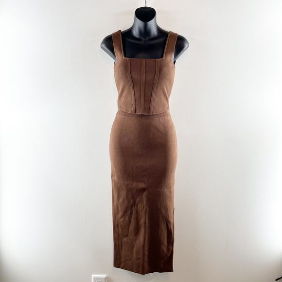 Miou Muse Knit Set Cropped Corset Top High Rise Midi Skirt Brown Small - Picture 1 of 8